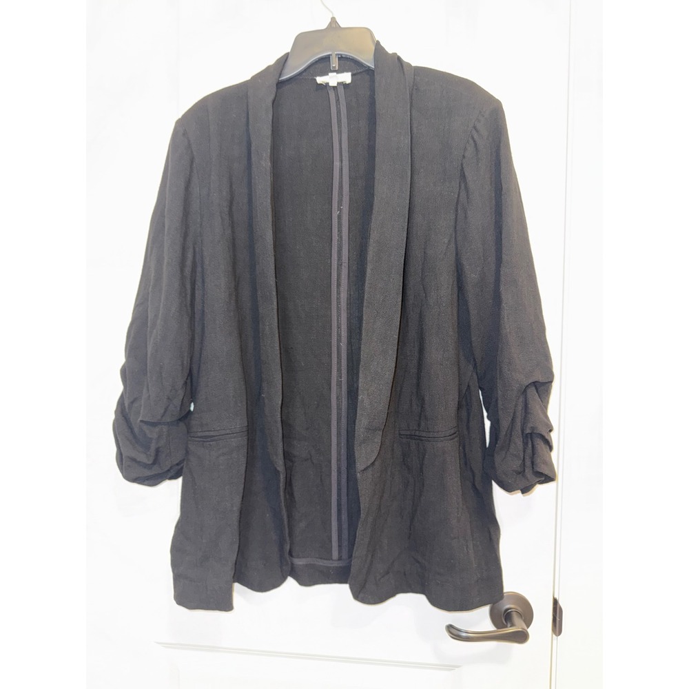 Entro Blazer Women XL Black Unstructured Ruched 3/4 Sleeve Linen‎ Blend Casual